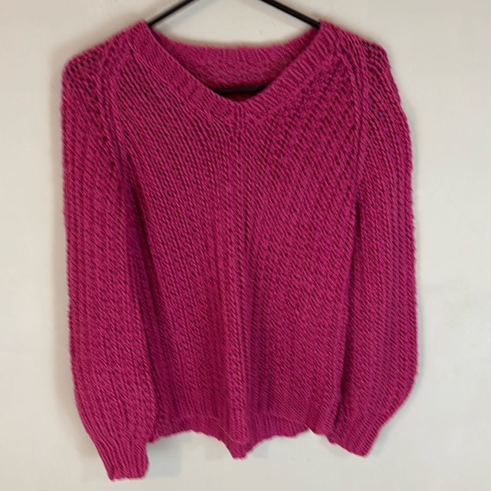 Fuchsia Pink Handmade V-Neck Sweater